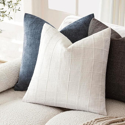 Foindtower Set of 2 Decorative Linen Check Throw Pillow Covers Neutral Farmhouse Vintage Cushion Covers Modern Boho Home Decor for Sofa Chair Couch Bedroom Living Room Outdoor,24×24 Inch,Cream White