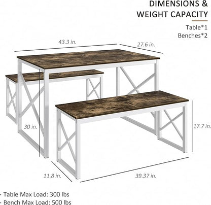 VECELO Kitchen Table with 2 Benches for 4, 43.3'' Wood Dining Room Dinette Sets with Metal Frame for Breakfast Nook and Small Space, Dark Brown