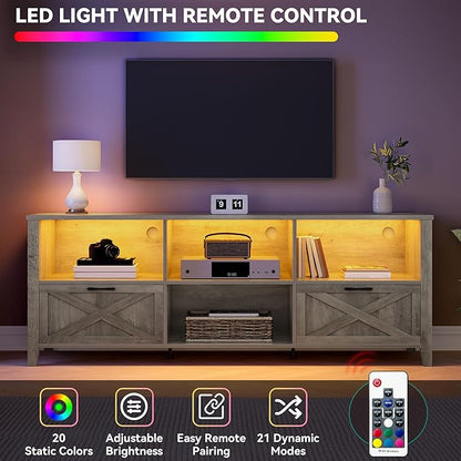 YITAHOME 70 Inch Farmhouse TV Stand with LED Lighting, Fits TVs up to 80 Inches, Media Console with Storage and Customizable Divider, Entertainment Center for Living Room (Grey)