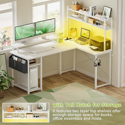 Small L Shaped Desk Gaming Desk with Power Outlets, 48" Reversible L Shaped LED Computer Desk with Monitor Stand & Storage Shelf, Corner Gamer Desk Home Office Desk with Storage Bag, White