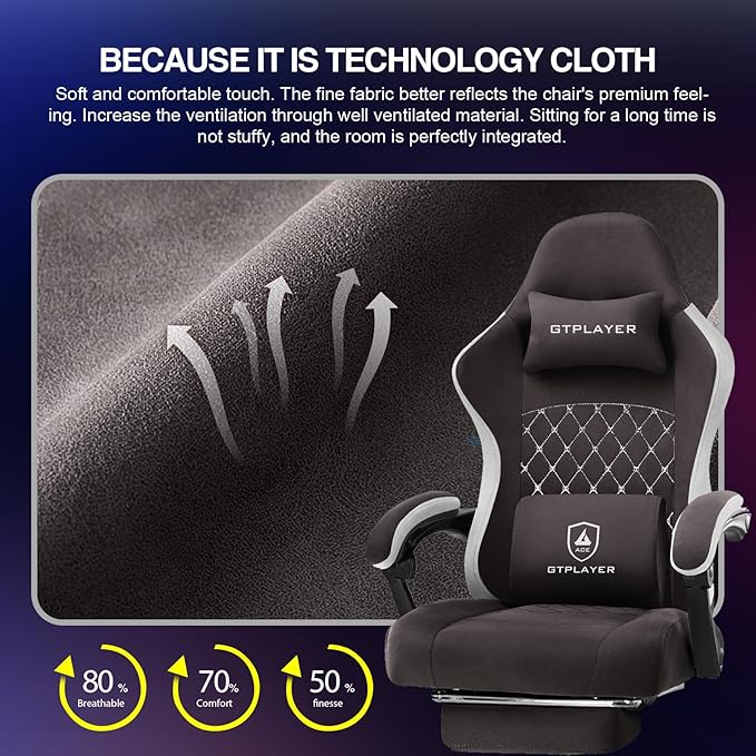 GTPLAYER Gaming Chair with Footrest Fabric Office Chair with Pocket Spring Cushion and Linkage Armrests, High Back Ergonomic Computer Chair with Lumbar Support Task Chair Brown