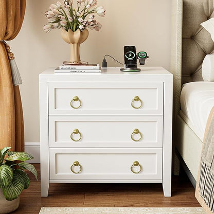 Huuger Paint Night Stand with Charger Station and USB-C Port, 3 Drawer Nightstands Set of 2, Larger Wider Bedside Table, Modern End Table, for Bedroom, White Nightstand