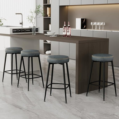 Counter Height Bar Stools, 26" H Backless Bar Stools Set of 8, Upholstered Faux Leather Kitchen Counter Stools, Mid Century Modern, Kitchen Island Home Bar, Pub, Black Blue
