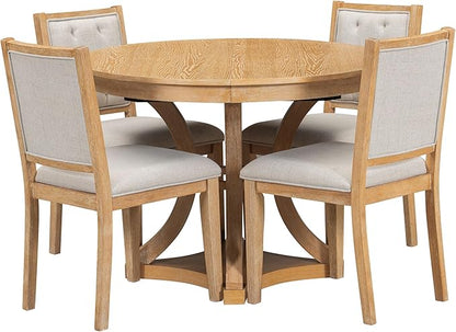 Ball & Cast Retro Dining Table Set for 4 with 4 Upholstered Chairs,5-Piece Wooden Living Room Furniture W/ 42" Round Extendable Kitchen Desk,for Small Space,Apartment,Dining Room,Natural