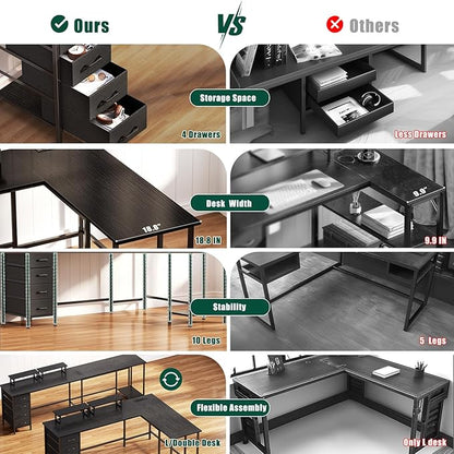 59 inch L Shaped Computer Desk with Power Outlets, Home Office Desk with 4 Adjustable Storage Drawers & 2 Monitor Stands, Two Person Gaming Table for Bedroom, Black