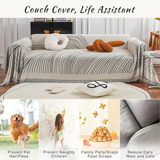 STACYPIK Stylish Striped Sofa Cover for Dogs,Non Slip Couch Protector for 3 Cushion Sofa, Pet-Friendly Couch Covers for Loveseat, Washable Boho Jacquard Couch Cover Blanket for Living Room-71X134IN