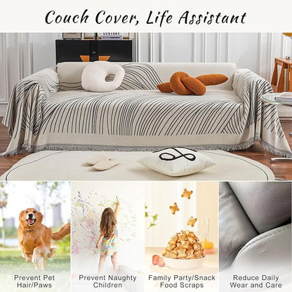 STACYPIK Stylish Striped Sofa Cover for Dogs, Non-Slip Boho Couch Cover for Sectional, Pet-Friendly Furniture Covers for 2 Cushion Couch, Abstract Jacquard Loveaseat Cover Sofa Throw Blanket-71x118IN