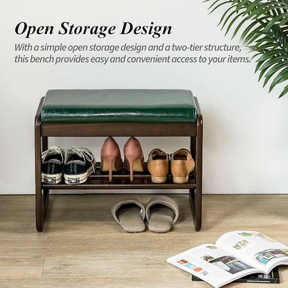 Shoe Bench, Entryway Bench with Leather Cushion, Solid Wood Shoe Rack, Mid Century Modern Bench, Shoe Storage, Shoe Organizer for Entryway (Brown, 21.7" W)