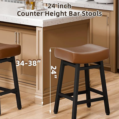 Counter Height Bar Stools Set of 2, 24 Inch Backless BarStools for Kitchen Island Leather Saddle Bar Chairs Kitchen Stools with 4" Thick Seats & Heavy Duty Metal Base, Brown