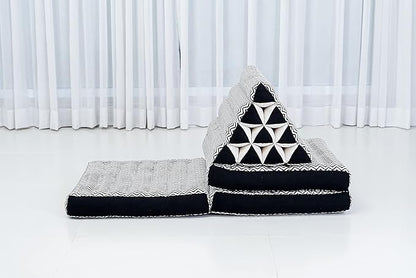 Leewadee - Comfortable Japanese Floor Mattress - Thai Floor Bed with Triangle Cushion - Futon Mattress - Thai Massage Mat, 67 x 21 inches, Black White, Kapok Filling
