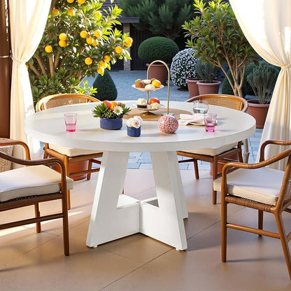 Round Dining Table for 4, 47 Inch Dinner Table Farmhouse Wooden Circle Kitchen Tables with Cross Base for Dining Room, Kitchen, Living Room, White