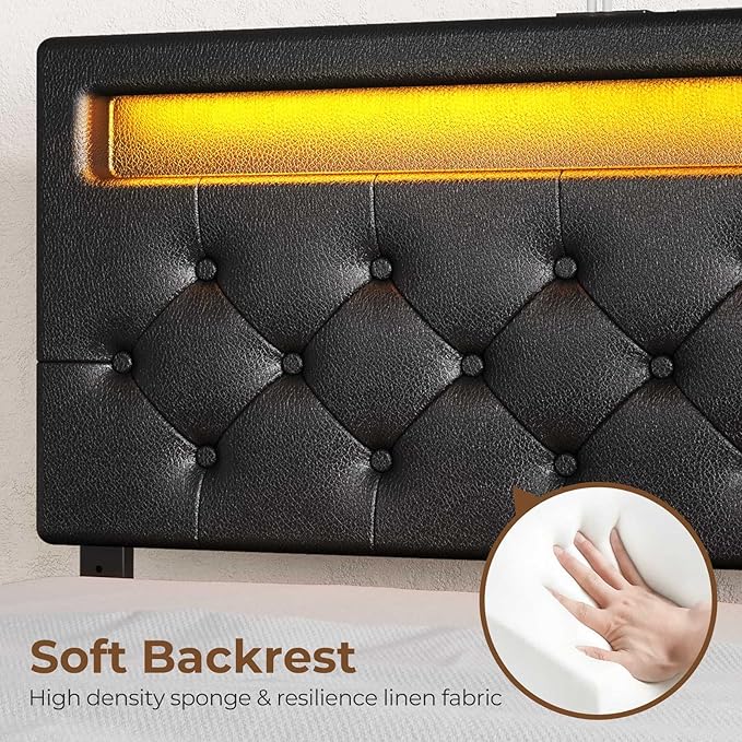 Rolanstar Queen Bed Frame with 4 Storage Drawers and Charging Station, Queen Bed with Led Lights, 2 USB & 1 Type C, Adjustable Headboard 38.9/40.8 Inches, No Box Spring Needed, Black