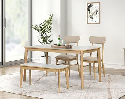 Merax 6-Piece Dining Table Set, One Table One Bench and Four Chairs, High Gloss White Tabletop with Light Oak Color