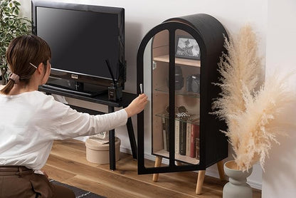 PaletteLife Arched Figurine-Case 4 Tier Collection Shelf, Oak Wood Grain with Glass Door and 2 Movable Glass Shelves, No Mirror, Black, PT-621BK