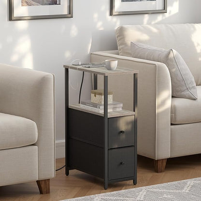 TUTOTAK Small Narrow End Table with Charging Station, Set of 2, Side Table with Outlets, Nightstand with 2 Cloth Drawers, Couch Table, for Living Room, Bedroom, Bedside, Greige TB01BG055