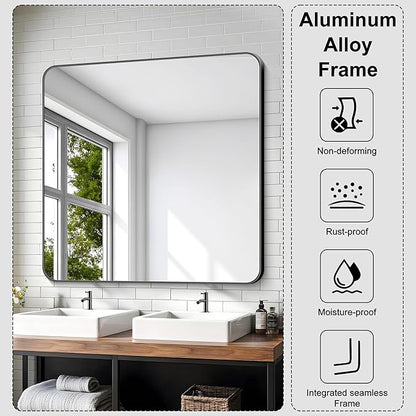 KOCUUY Black Bathroom Mirror 40"x40", Large Square Vanity Mirror with Rounded Corner, Metal Black Frame with Mordern Design for Bathroom, Living Room, Entryway, Hang Horizontal/Vertical
