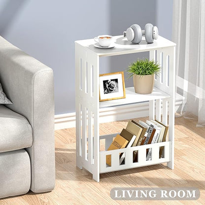 3-Tier End Table Night Stand Set of 2, White Side Table with Storage Shelf, Small Bookshelf Bedside Table for Bedroom, Living Room, Office, Bathroom