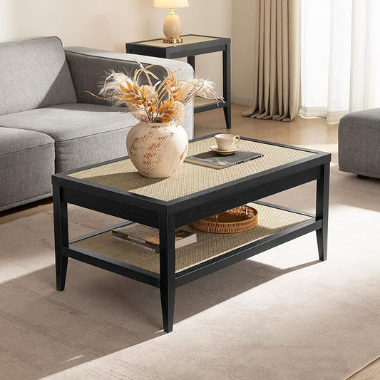SICOTAS Rectangle Coffee Table for Living Room, Farmhouse Boho Center Table with 2-Tier Rattan Storage Shelves, Sofa Side Accent Table for Small Space, Black Oak
