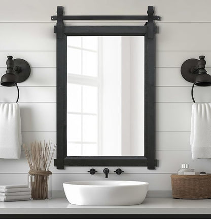 Rustic Barn Door Mirror: 24"x36" Black Farmhouse Wood Frame - Wall Mirror for Entryway/Bathroom/Living Room Wall Decor