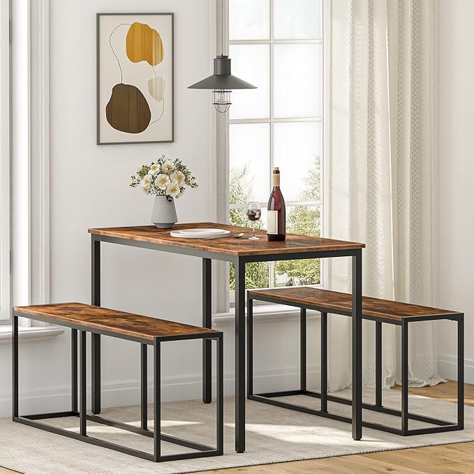 HOOBRO Dining Bench, 47.2 Inch Dining Table Bench, Industrial Style Kitchen Bench, Steel Frame, Easy to Assemble, for Kitchen, Dining Room, Rustic Brown and Black BF12CD01