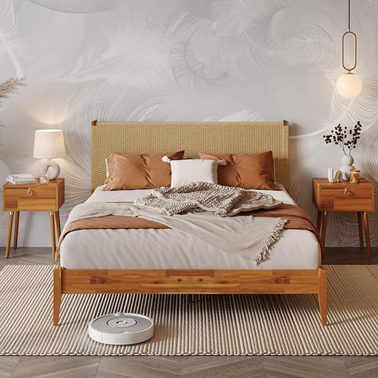 Bme Selina Headboard Queen Size Bed Frame - Handcrafted Paper Cord Headboard, 12-Slat Support, No Box Spring Needed - Easy Assembly, Caramel