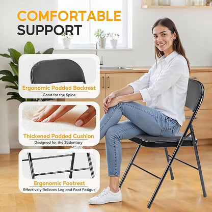 HealSmart 2 Pack Folding Chairs with Padded Leather Cushion Seats, Sturdy Metal Frame, Stackable Portable Design for Indoor Outdoor Use, Commercial Event Party Office Home Chairs, Black