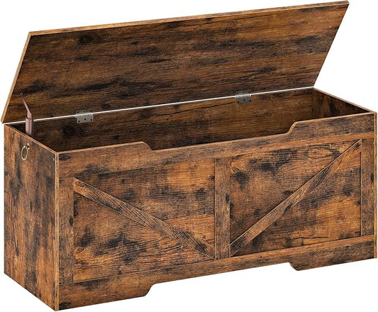 HOOBRO 47.2” Storage Chest, Retro Wooden Storage Bench with U-Shaped Cut-Out Pull, Toy Chest with Safety Hinge, Supports 220 lb and Easy Assembly for Toy Box Organizer (Rustic Brown) BF773CW01