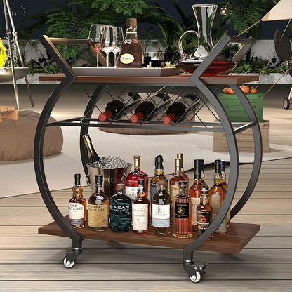 LVB Modern Gold Bar Cart, Industrial Rolling Serving Wine Cart with Wine Rack, Coffee Liquor Drink Cart with Storage and Wheels, Wood and Metal Kitchen Microwave Beverage Cart for Home, Walnut