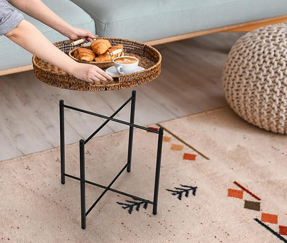 Brown Small Round End Table, 19in Rattan End Tables, Wicker Rattan Side Table, Round Sofa Side Table, Indoor Outdoor Side Tables for Patio, Living Room Bedroom Office
