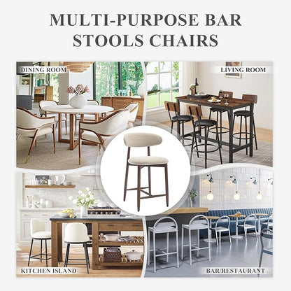 COLAMY Counter Height Bar Stools Set of 3, Kitchen Bar Stools with Back, Mid Century Modern Upholstered, with Wood Legs for Kitchen Island Dining Room, Beige