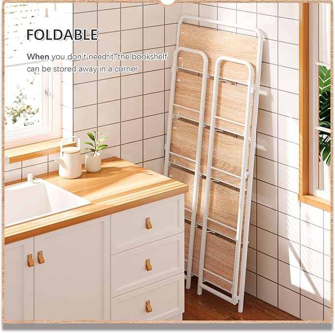 4NM No Assembly Folding Bookshelf 5 Tiers Vintage Industrial White Book Shelf Metal Foldable Storage Bookcase and Bookshelves for Living Room,Bedroom and Kitchen - Natural