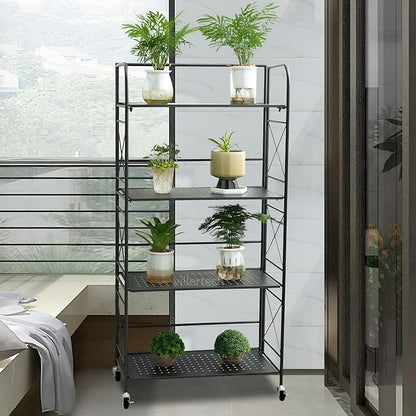 Foldable 4-Tier Metal Shelf with Wheels - Folding Bookshelf Unit for Living Room, Kitchen, Study 12.6" D x 23.6" W x 46.8" H, Matte Black
