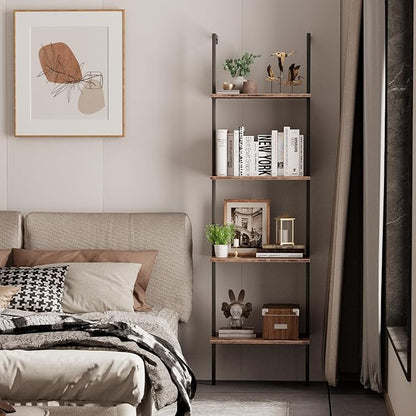 Ladder Shelf 4 Tiers Metal Industrial Bookshelf,Brown Wood Tall Open Storage Rack and Display Shelves,Wall Mount Wide Book Case for Home Office Bedroom,Small