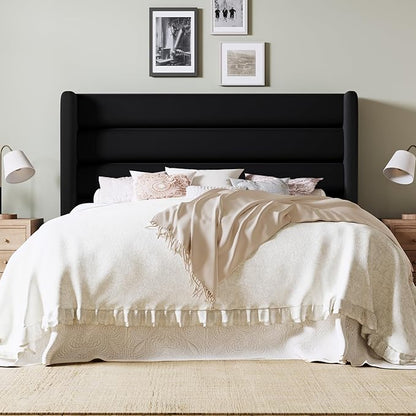 Allewie Queen Size Platform Bed Frame with Velvet Upholstered Wingback Headboard, No Box Spring Needed, Under Bed Storage Space, Strong Wooden Slats, Modern Mattress Foundation, Easy Assembly, Black