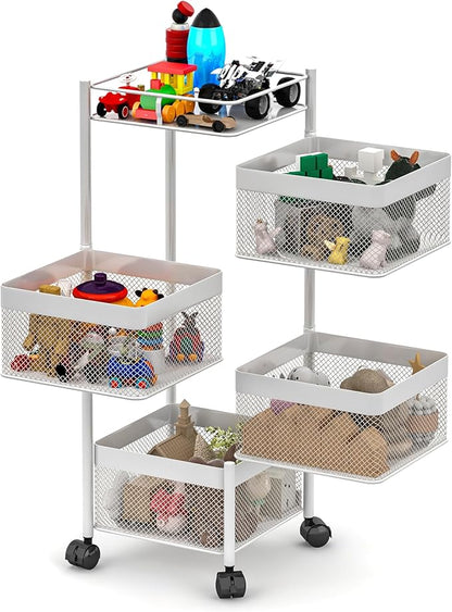 Rotating Kitchen Storage Rack,Fruit and Vegetable Basket Cart,Bathroom Shelf,Kitchen Organization and Storage Rack,Rolling Carts on Wheels(White, 4 Tier-Square)