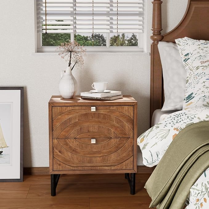 COSIEST Vintage Nightstand with 2 Storage Drawers, Rustic End Table for Bedroom and Living Room, Easy to Assemble Accent Table (Brown, Circle Pattern)