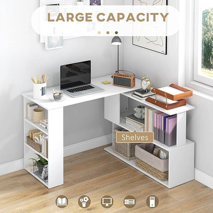 HOMCOM L Shaped Desk, Corner Computer Desk, 360 Degree Rotating Home Office Desk with Storage Shelves, Writing Table Workstation, White