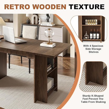 Garvee 63 Inch Dining Table for 2-4, Farmhouse Rectangular Kitchen Table with Waterproof Wood Tabletop, Heavy Duty Legs & 2-Tier Storage Shelves for Kitchen, Dining Room, Walnut