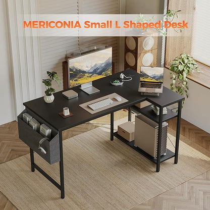 Small L Shaped Computer Desk with Power Outlets, Gaming Desk for Small Spaces, Corner Desk with Reversible Storage Shelves, Study Writing Table for Home Office (Socket, Black, 48 inch)