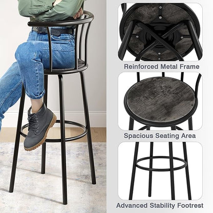 VECELO Bar Stools Set of 2, Swivel Counter Stools with Backrest, Bar Height Stools for Dining Room, Kitchen Island, Pub, Easy Assembly, Dark Grey