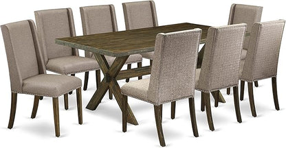 East West Furniture X777FL716-9 9 Piece Dining Table Set Includes a Rectangle Dining Room Table with X-Legs and 8 Dark Khaki Linen Fabric Parsons Chairs, 40x72 Inch, Multi-Color