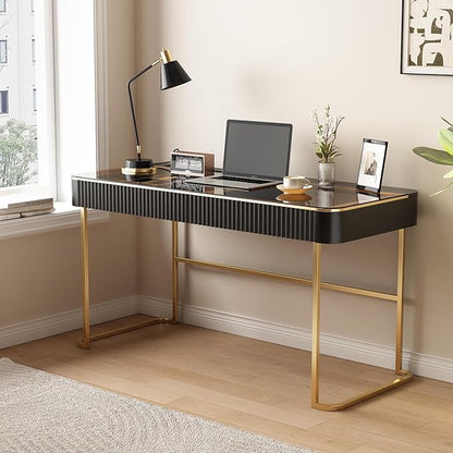 Lartis Modern Office Desk with Drawers,Glass Top Makeup Vanity Without Mirror Built-in USB Outlet Dressing Table Home Office Desk with Intelligent Socket,Very Easy to Assemble