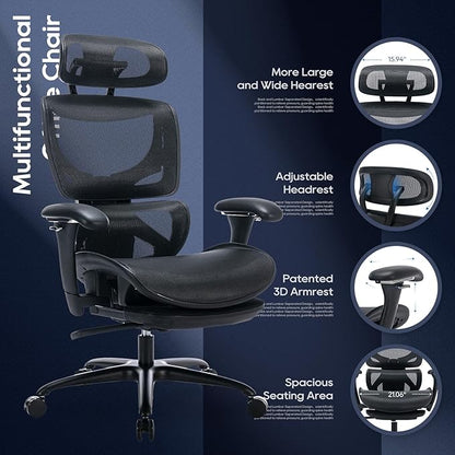 COLAMY Ergonomic Mesh Office Chair with Footrest, Executive High Back Computer Desk Chair with Wide Headrest and Adjustable 3D Arms, Backrest Height, Tilt Lock and Lumbar Support, Black