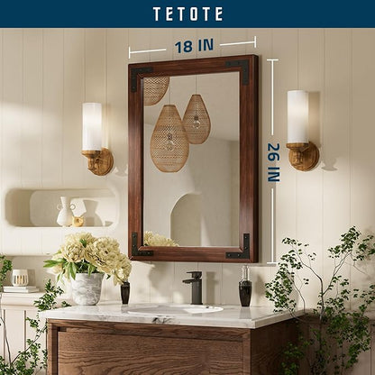 TETOTE 18 x 26 Walnut Wood Mirror for Bathroom Wall/Bedroom/Living Room/Entryway Farmhouse Rustic Bathroom Vanity Mirror for Over Sink Waterproof (Horizontal/Vertical Mounted)