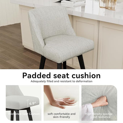 Vipbear Swivel Counter Height Bar Stools Set of 3,26.8" H Counter Stools with Back, Mid Century Modern Bar Stools for Kitchen Island,Linen Fabric,Wooden Base, White