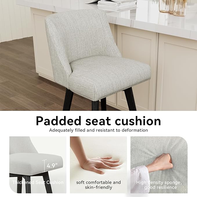 Vipbear Swivel Counter Height Bar Stools Set of 4,26.8" H Counter Stools with Back, Mid Century Modern Bar Stools for Kitchen Island,Linen Fabric,Wooden Base, White
