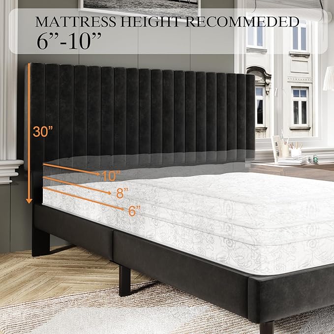 King Size Bed Frame with Velvet Upholstered Headboard, Platform Bed with Strong Wood Slats, Mattress Foundation, Box Spring Optional, Easy Assembly, Black