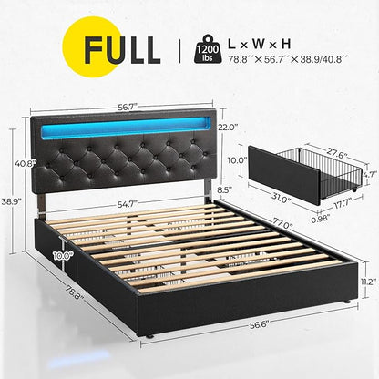 Rolanstar Full Size Bed Frame with 4 Storage Drawers and Charging Station, Full Bed with Led Lights, 2 USB & 1 Type C, Adjustable Headboard 38.9/40.8 Inches, No Box Spring Needed, Black