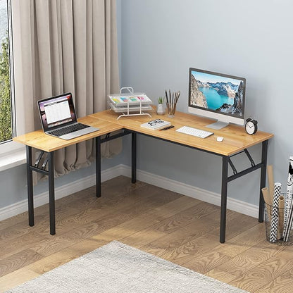 Need L Shaped Folding Desk, Reversible Computer Desk for Home Office, Large Foldable Gaming Desk Table Workstation, Teak and Black