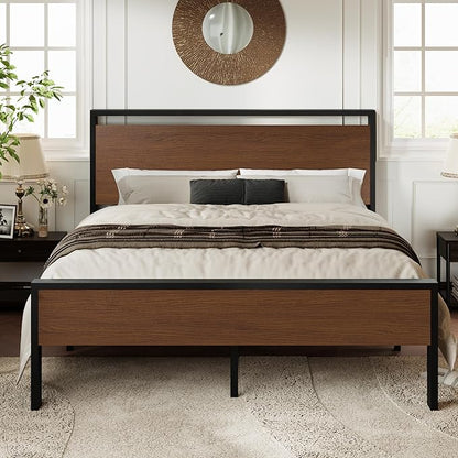Allewie Full Size Platform Bed Frame with Wooden Headboard and Footboard, Heavy Duty 12 Metal Slats Support, No Box Spring Needed, Under-Bed Storage, Noise Free, Easy Assembly, Walnut